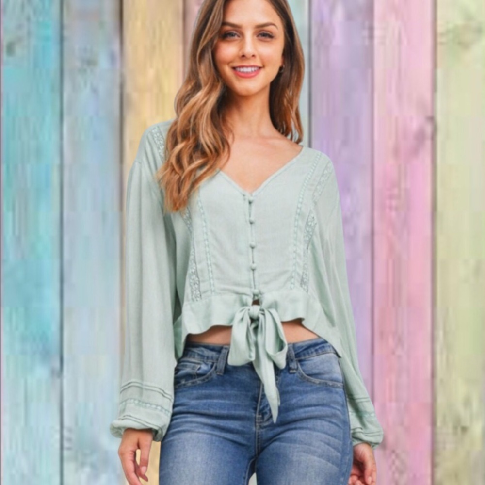 Love Riche Sage Green V-neck Button Up Crochet Detail Tie Top NWT - Picture 3 of 15